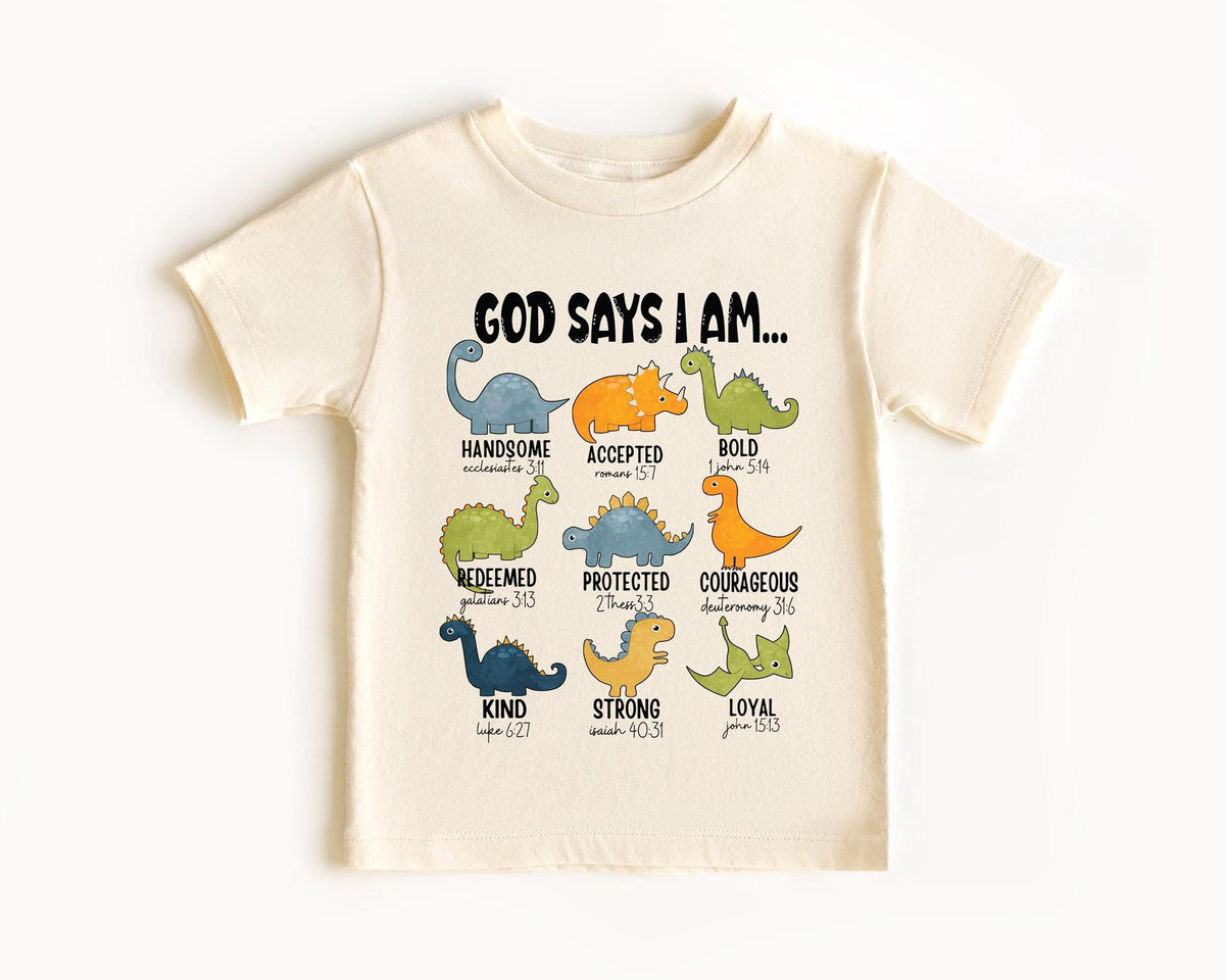 God Says I Am Toddler Shirt - Dinosaurs Kids Tee - Bible Verse Youth Shirt - Christian Kids Shirt - Truck Youth Shirt - Easter Kids