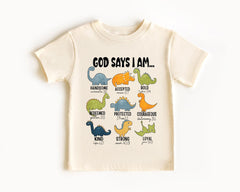 God Says I Am Toddler Shirt - Dinosaurs Kids Tee - Bible Verse Youth Shirt - Christian Kids Shirt - Truck Youth Shirt - Easter Kids