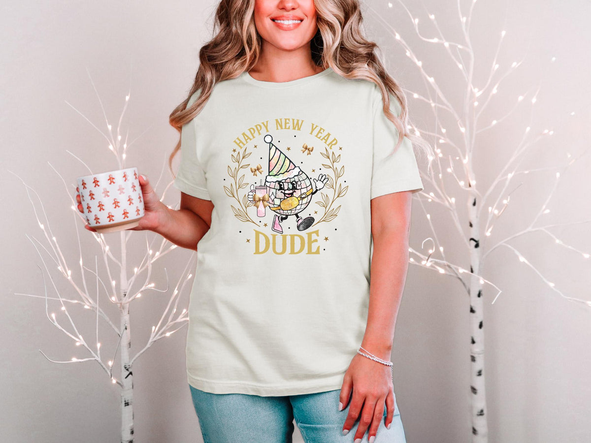 Happy New Year Dude - Funny Party T-Shirt - Disco Ball Tee - Coquette Bow Shirt - Retro Coquette Pink  - Goodbye 2025 - 2026 Celebration