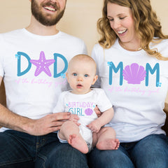 Mermaid Birthday Girl T-Shirt - Matching Family Mermaid Birthday - Beach Vacation Party Tee - Custom Age - Mom/Dad of the Birthday Girl