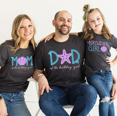 Mermaid Birthday Girl T-Shirt - Matching Family Mermaid Birthday - Beach Vacation Party Tee - Custom Age - Mom/Dad of the Birthday Girl