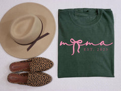 Mama Est T-Shirt - Coquette Mama Shirt - Coquette Bow Tee - Mothers Day Gift - New Mom Gift - Pink Mama - Girly Mama Tee - Custom Year Shirt