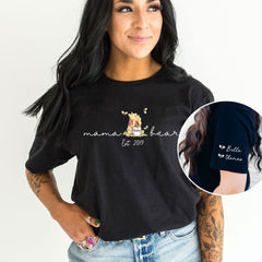 Custom Mama Bear Est. T-Shirt - Mother's Day Gift - Cute Mama Tee - Mama Est with Kid Name on Sleeve - Personalized Mom Tee - Gift for Mom