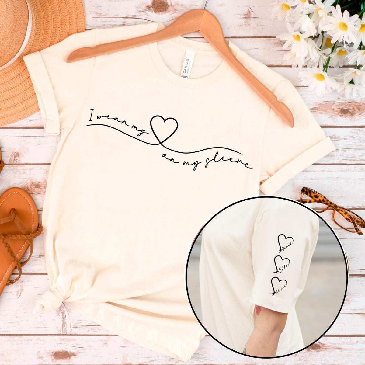 I Wear My Heart On My Sleeve - Custom Mama T-Shirt - Mothers Day Gift - Personalized Mom Tee - Children Names On Sleeve - New Mommy