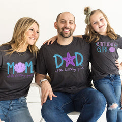 Mermaid Birthday Girl T-Shirt - Matching Family Birthday - Beach Vacation Party Tee - Mermaid Family Shirt - Mom/Dad of the Birthday Girl