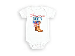 American Girly Toddler Shirt  - 4th of July Kids Tee - Cowgirl Youth T-Shirt - Retro Fourth of July - Cute American Flag Bodysuit