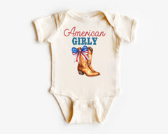 American Girly Toddler Shirt  - 4th of July Kids Tee - Cowgirl Youth T-Shirt - Retro Fourth of July - Cute American Flag Bodysuit
