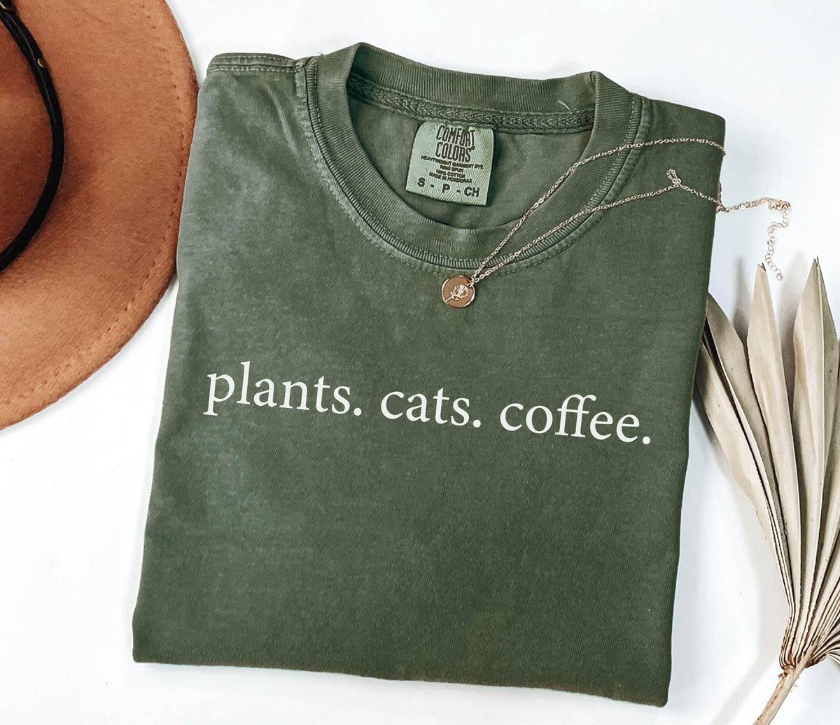 Comfort Colors® Plants Cats Coffee Shirt - Plant Mom Gardener Shirt - Cats and Coffee