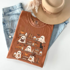 Comfort Colors Ghost Reading Shirt -Halloween Bookshelf Shirt - Book Club Spooky Shirt - Book Lover Gift - Ghost Reading Tee - Reader Gift