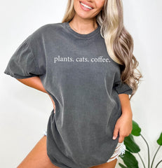 Comfort Colors® Plants Cats Coffee Shirt - Plant Mom Gardener Shirt - Cats and Coffee