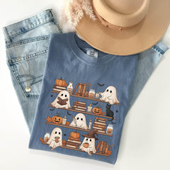 Comfort Colors Ghost Reading Shirt -Halloween Bookshelf Shirt - Book Club Spooky Shirt - Book Lover Gift - Ghost Reading Tee - Reader Gift