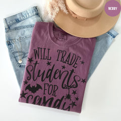 Comfort Colors® Teacher Shirt, Will Trade Students for Candy Shirt, Funny Teacher Halloween T-Shirt, Kindergarten Teacher Shirt