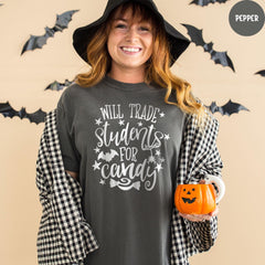 Comfort Colors® Teacher Shirt, Will Trade Students for Candy Shirt, Funny Teacher Halloween T-Shirt, Kindergarten Teacher Shirt