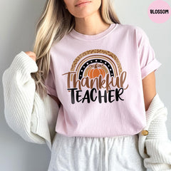 Comfort Colors® Thanksgiving Teacher Shirt, Thankful Rainbow Pumpkin Shirt, Thanksgiving Teacher Gift, Teacher Thankful Shirt