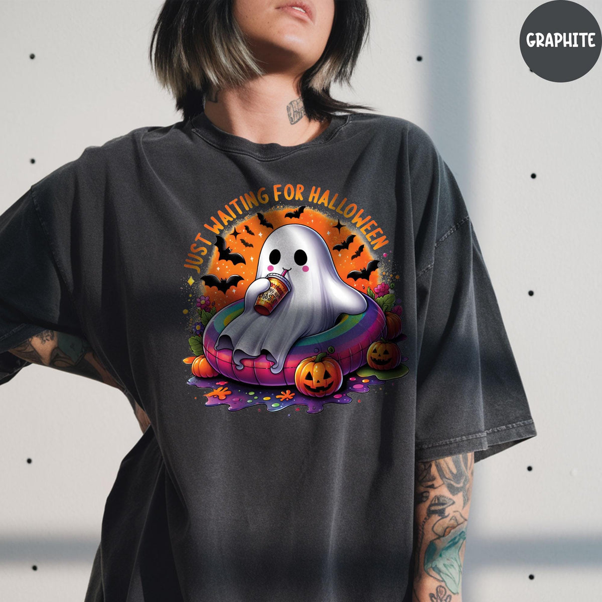 Comfort Colors® Just Waiting for Halloween Shirt, Funny Halloween Shirt, Spooky Fall Graphic Shirt, Funny Spooky Pumpkin Graphic Tee