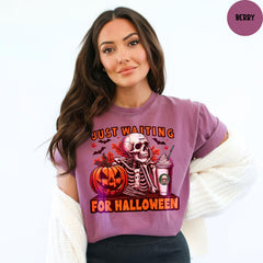Comfort Colors® Just Waiting for Halloween Shirt, Funny Skeleton Pumpkin Graphic Tee, Spooky Fall Graphic Shirt, Halloween Tee
