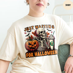 Comfort Colors® Just Waiting for Halloween Shirt, Funny Skeleton Pumpkin Graphic Tee, Spooky Fall Graphic Shirt, Halloween Tee