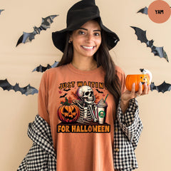 Comfort Colors® Just Waiting for Halloween Shirt, Funny Skeleton Pumpkin Graphic Tee, Spooky Fall Graphic Shirt, Halloween Tee
