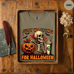 Comfort Colors® Just Waiting for Halloween Shirt, Funny Skeleton Pumpkin Graphic Tee, Spooky Fall Graphic Shirt, Halloween Tee