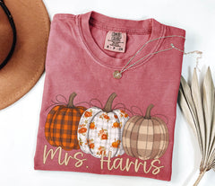 Personalized Fall Comfort Colors®  Teacher Shirt - Autumn T-Shirt for Teachers - Plaid Pattern Pumpkin Teaching Tee - Fall Shirt