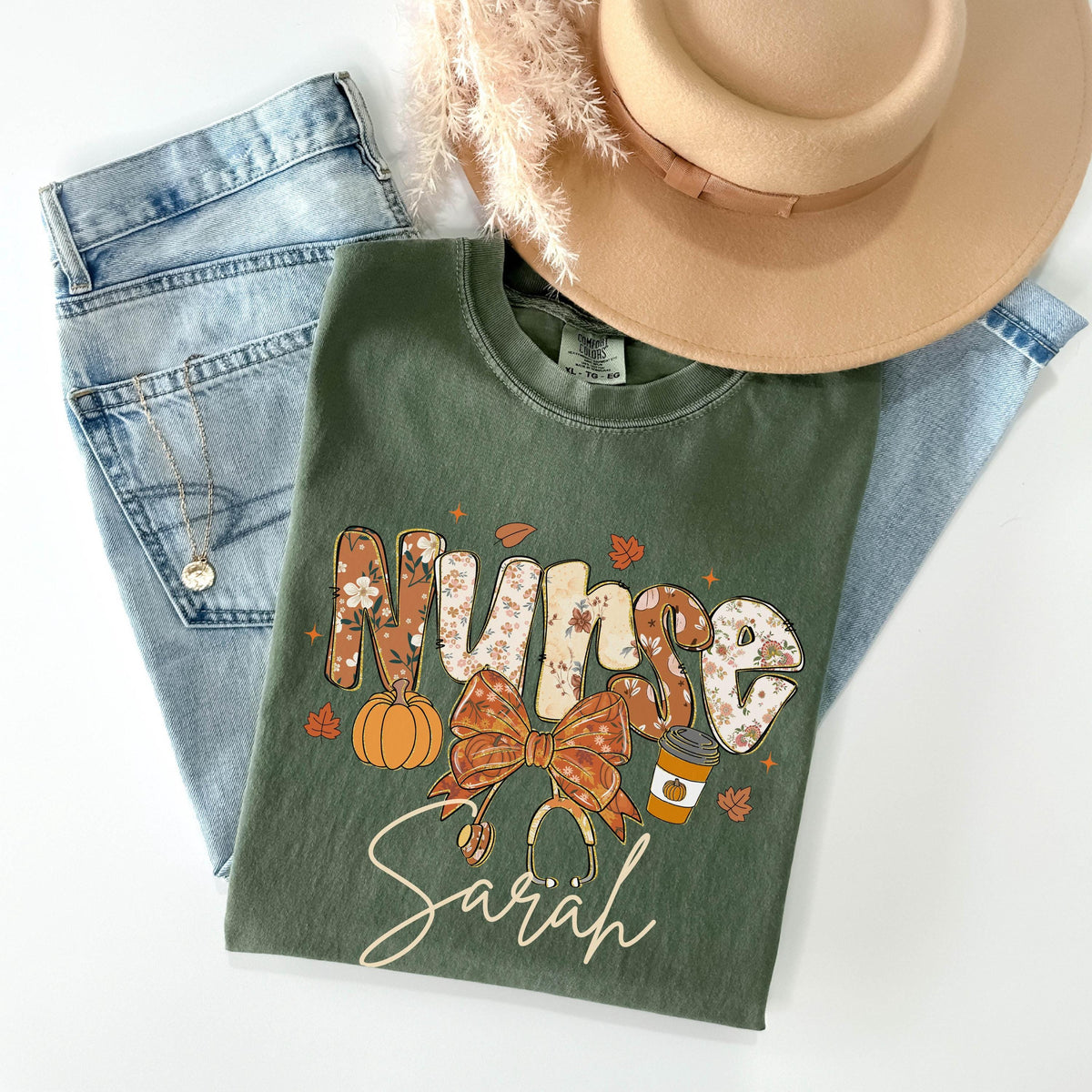 Comfort Colors® Fall Nurse Shirt - Autumn T-Shirt for Registered Nurse - Personalized Nurse Pumpkin Shirt - Coquette Nurse Tee