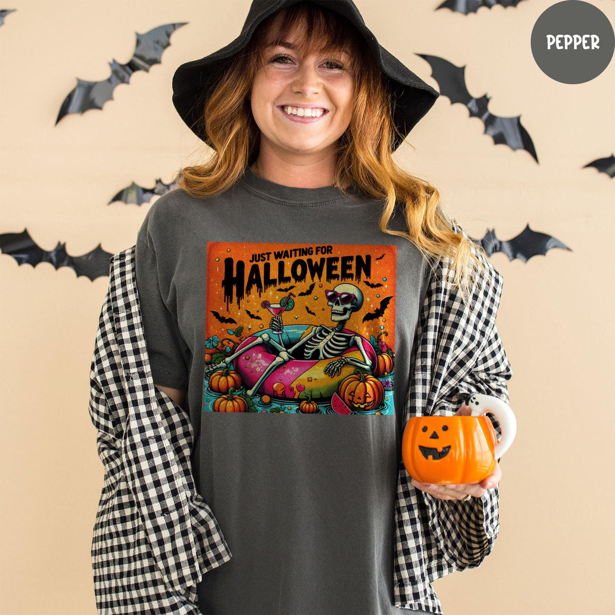 Comfort Colors® Just Waiting for Halloween Shirt, Halloween Tee, Funny Halloween Shirt, Funny Skeleton Pumpkin Shirt
