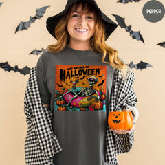 Comfort Colors® Just Waiting for Halloween Shirt, Halloween Tee, Funny Halloween Shirt, Funny Skeleton Pumpkin Shirt