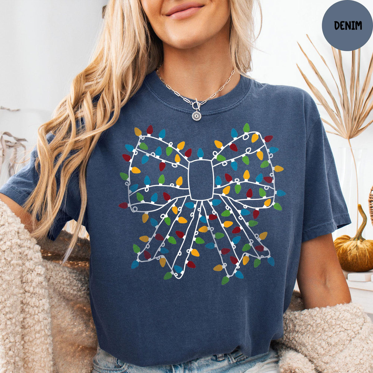 Comfort Colors® Christmas Light Bow Shirt, Christmas Shirt, Christmas Lights Coquette Bow Shirt, Cute Christmas Gift