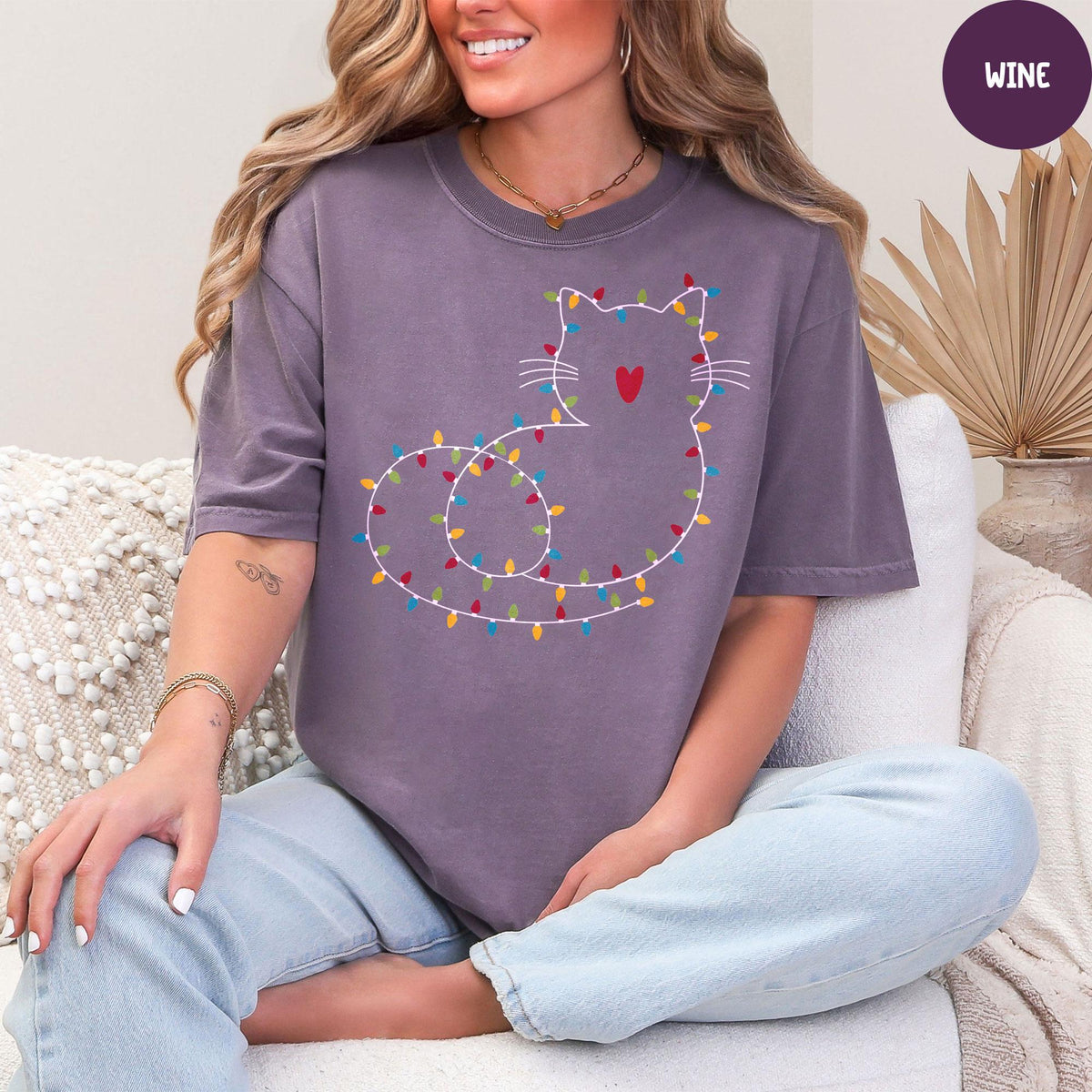Comfort Colors® Cat Christmas Lights Shirt, Cute Cat Christmas Shirt, Cat Mom Christmas Gift, Funny Christmas T-Shirt, Cat Mom Shirt