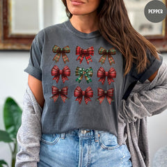 Comfort Colors® Christmas Bows T-Shirt, Christmas Shirt, Coquette Bow Christmas Shirt, Christmas Trending Womens Shirt