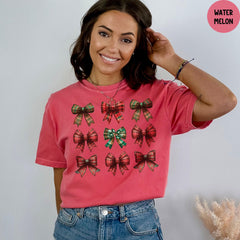Comfort Colors® Christmas Bows T-Shirt, Christmas Shirt, Coquette Bow Christmas Shirt, Christmas Trending Womens Shirt