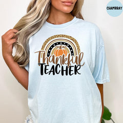 Comfort Colors® Thanksgiving Teacher Shirt, Thankful Rainbow Pumpkin Shirt, Thanksgiving Teacher Gift, Teacher Thankful Shirt