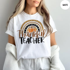 Comfort Colors® Thanksgiving Teacher Shirt, Thankful Rainbow Pumpkin Shirt, Thanksgiving Teacher Gift, Teacher Thankful Shirt