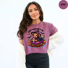 Just Waiting for Halloween Comfort Colors® Shirt, Funny Spooky Shirt, Spooky Fall Graphic Shirt, Retro Halloween Womens Shirt