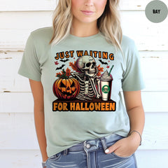 Comfort Colors® Just Waiting for Halloween Shirt, Funny Skeleton Pumpkin Graphic Tee, Spooky Fall Graphic Shirt, Halloween Tee