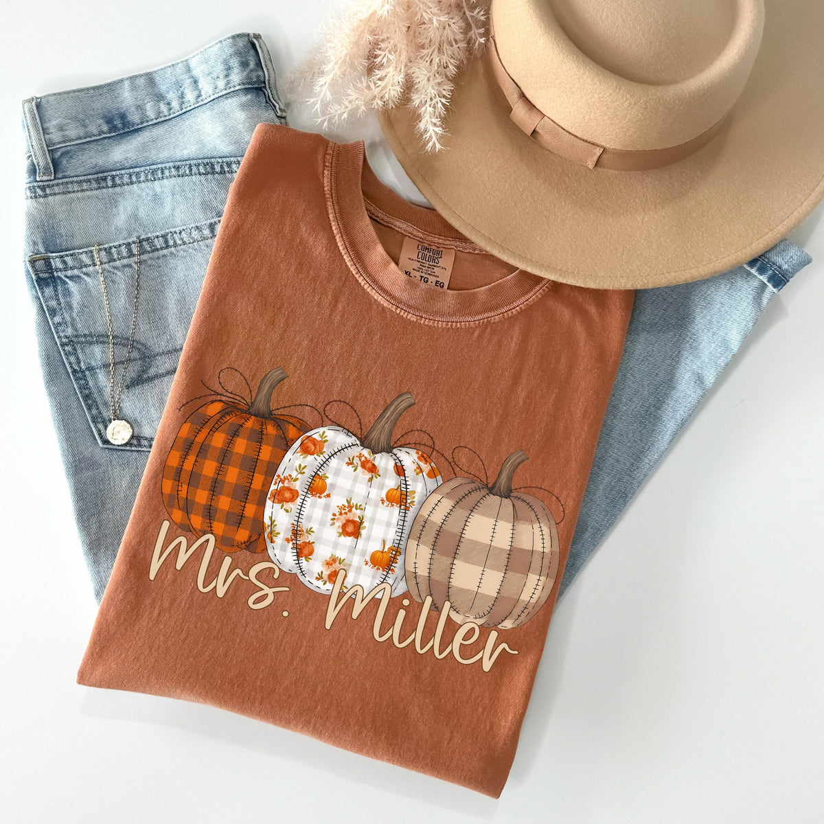 Personalized Fall Comfort Colors®  Teacher Shirt - Autumn T-Shirt for Teachers - Plaid Pattern Pumpkin Teaching Tee - Fall Shirt