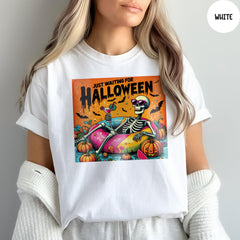Comfort Colors® Just Waiting for Halloween Shirt, Halloween Tee, Funny Halloween Shirt, Funny Skeleton Pumpkin Shirt