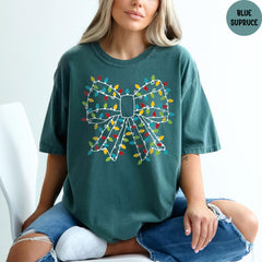 Comfort Colors® Christmas Light Bow Shirt, Christmas Shirt, Christmas Lights Coquette Bow Shirt, Cute Christmas Gift
