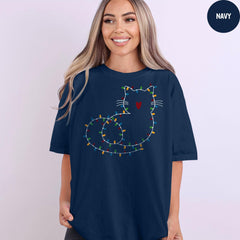 Comfort Colors® Cat Christmas Lights Shirt, Cute Cat Christmas Shirt, Cat Mom Christmas Gift, Funny Christmas T-Shirt, Cat Mom Shirt