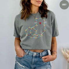 Comfort Colors® Cat Christmas Lights Shirt, Cute Cat Christmas Shirt, Cat Mom Christmas Gift, Funny Christmas T-Shirt, Cat Mom Shirt