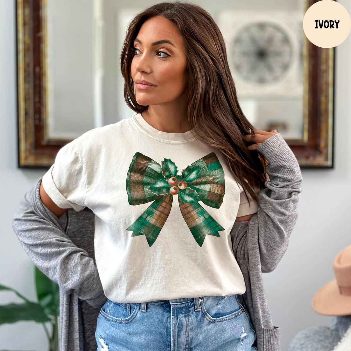 Comfort Colors® Coquette Christmas Shirt, Christmas Bow Shirt, Christmas Shirt for Women, Girly Christmas Shirt