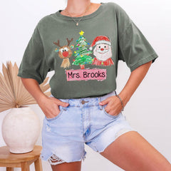 Comfort Colors® Teacher Christmas Shirt - Holiday Teaching Tee - Personalized Santa Reindeer Teacher T-Shirt