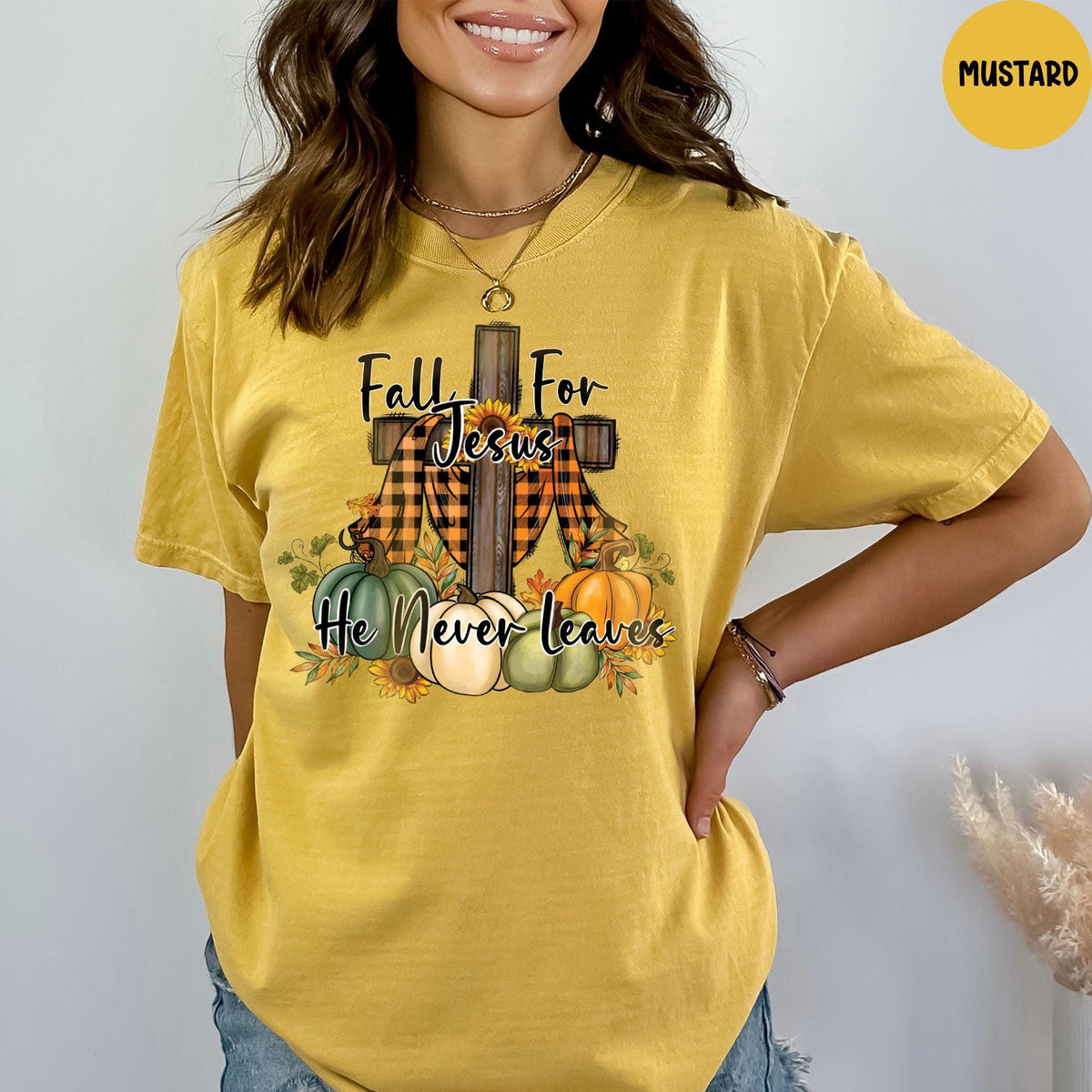 Comfort Colors® Fall Shirt, Fall For Jesus He Never Leaves Shirt, Thanksgiving Shirt, Thanksgiving Family Matching Shirt