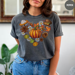 Comfort Colors® Fall Heart Shirt, Fall Doodles Shirt, Thanksgiving Doodle Shirt, Women's Autumn Gift, Fall Thankful Tee