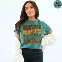 Comfort Colors® Bonfires Pumpkins Sweaters Football T-Shirt, Fall Vibes Tee, Womens Fall Tshirts, Cute Fall Tees, Fall Season Shirt