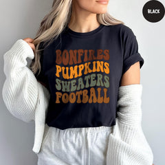 Comfort Colors® Bonfires Pumpkins Sweaters Football T-Shirt, Fall Vibes Tee, Womens Fall Tshirts, Cute Fall Tees, Fall Season Shirt