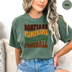 Comfort Colors® Bonfires Pumpkins Sweaters Football T-Shirt, Fall Vibes Tee, Womens Fall Tshirts, Cute Fall Tees, Fall Season Shirt