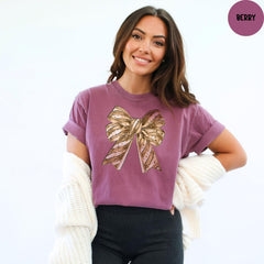 Comfort Colors® Christmas Gold Bow Shirt, Coquette Happy New Year, Christmas Coquette Bow Shirt, Christmas Party Tee