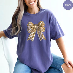 Comfort Colors® Christmas Gold Bow Shirt, Coquette Happy New Year, Christmas Coquette Bow Shirt, Christmas Party Tee