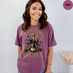 Comfort Colors® Champagne & Chill T-Shirt, New Year Drinks Tee, Coquette Bow Shirt, Happy New Year Gift, New Year Party Shirt